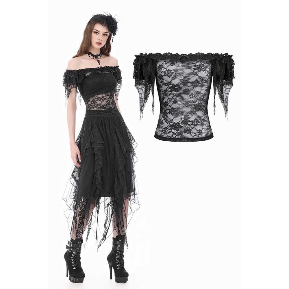 Dark in Love - Gothic Romantic OffShoulder Sheer Lace with Ethereal Winged Sleeves Top - Black